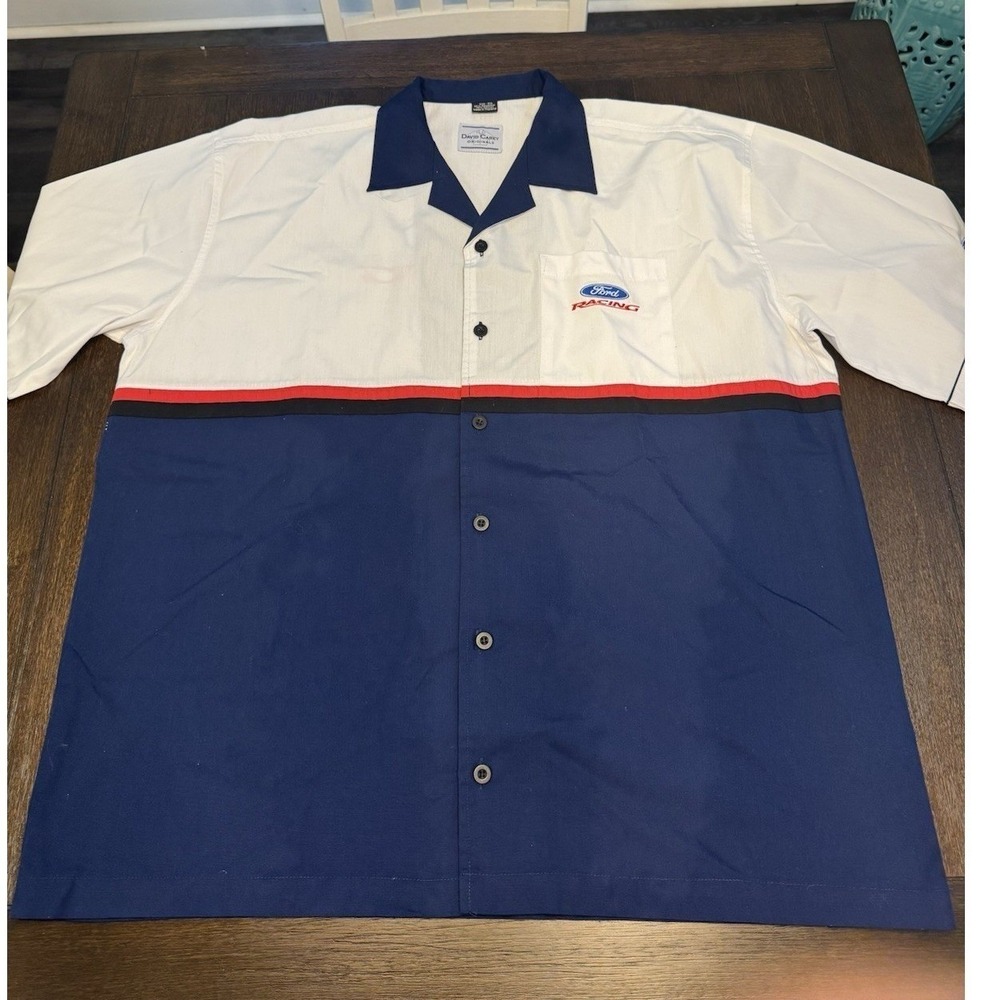 David Carey Ford Racing Shirt Mens 2XL Blue White Colorblock Embroidered Work